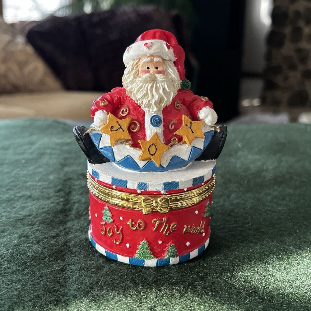 4" Santa Claus Hinged Trinket Box Christmas Joy To The World Ring Pill Box
